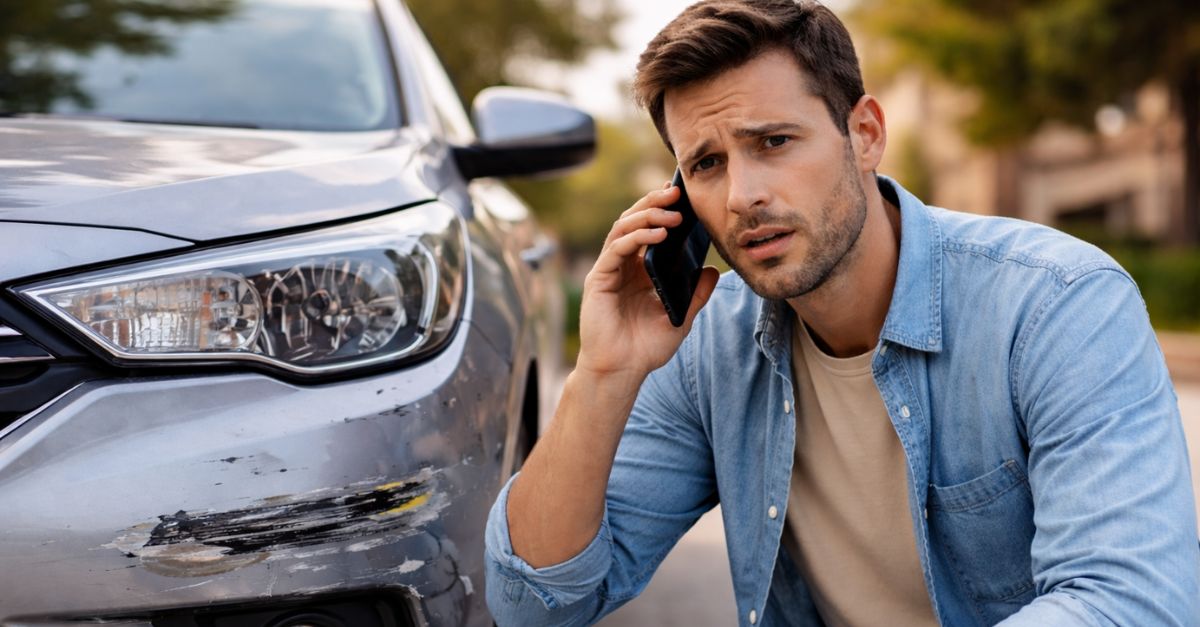 Worried man beside damaged car