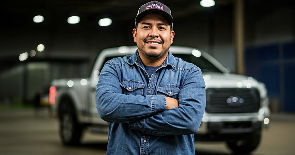 Close up photo of smiling Latin man next to a ford f150 pickup truck