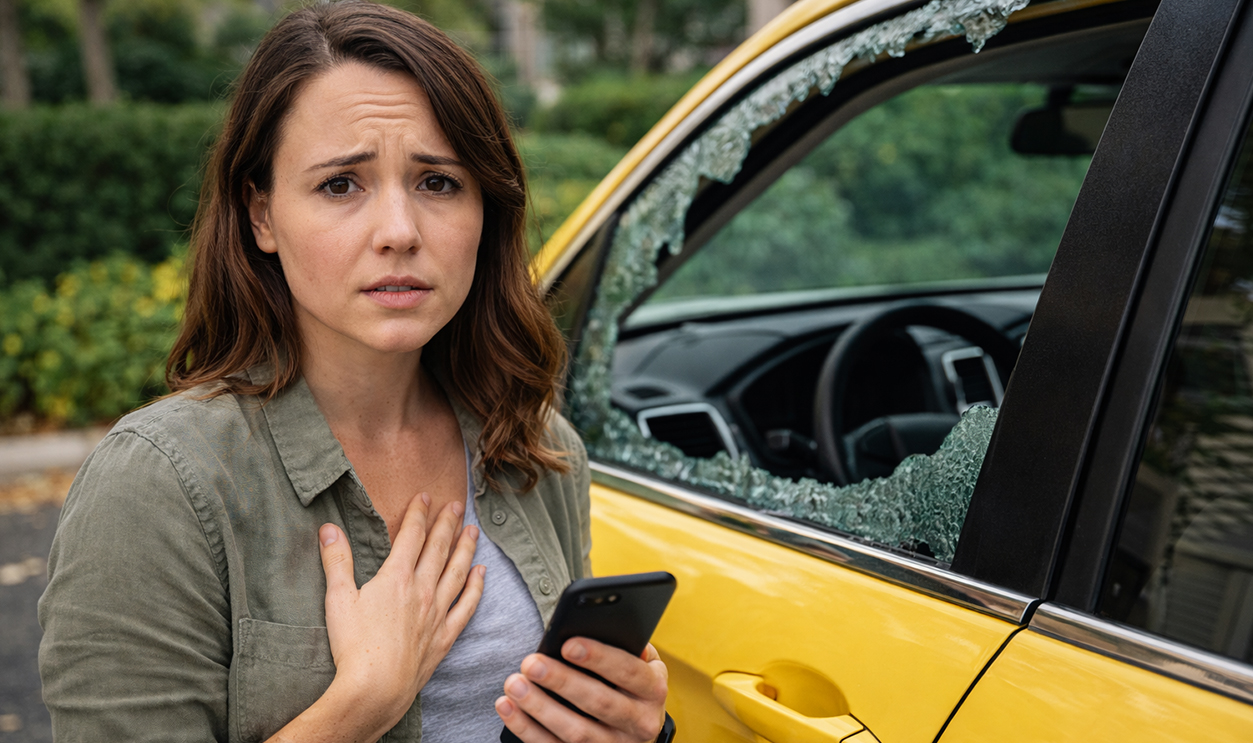 AI-generted image of a woman concerned about a rental car break-in.