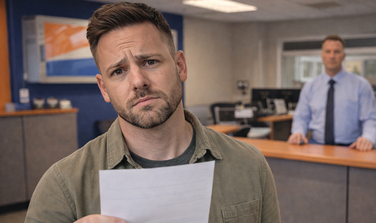 Ai-generated image of a man concerned about a charge on a rental car bill.