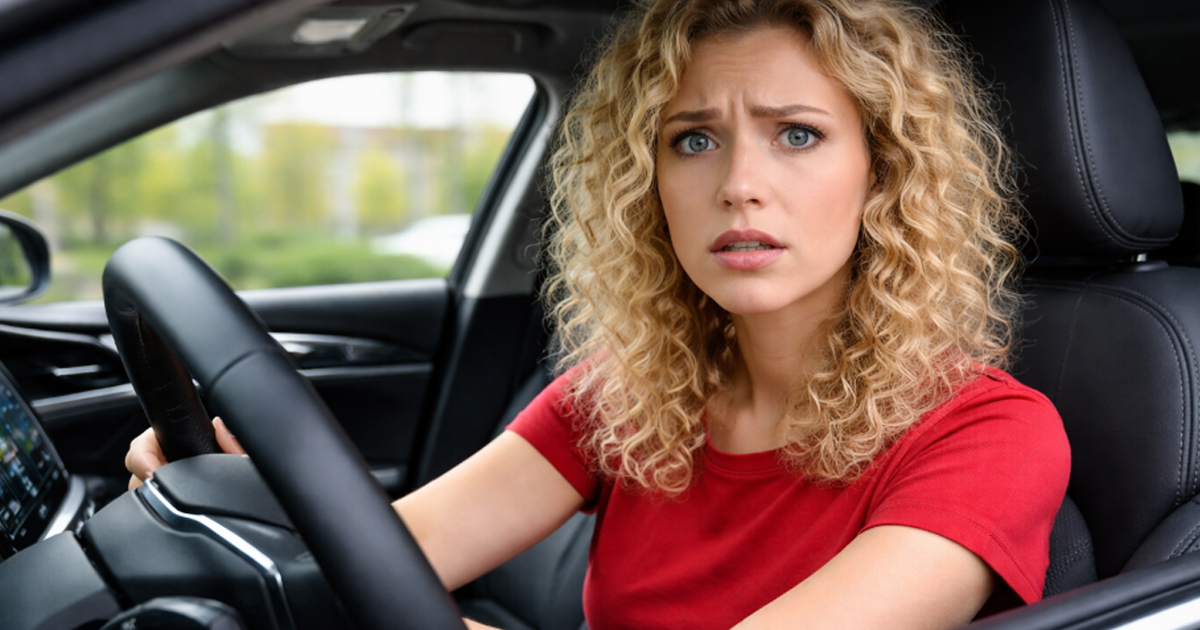 Woman in red shirt sitting in a car looking concerned.