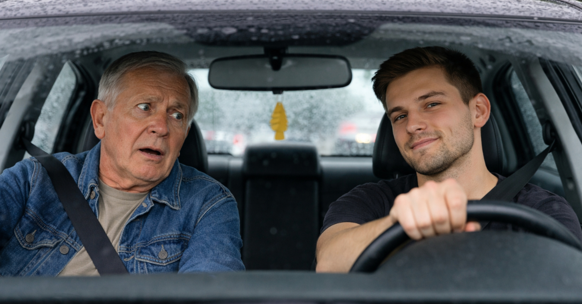 Millennial driving Boomer passenger