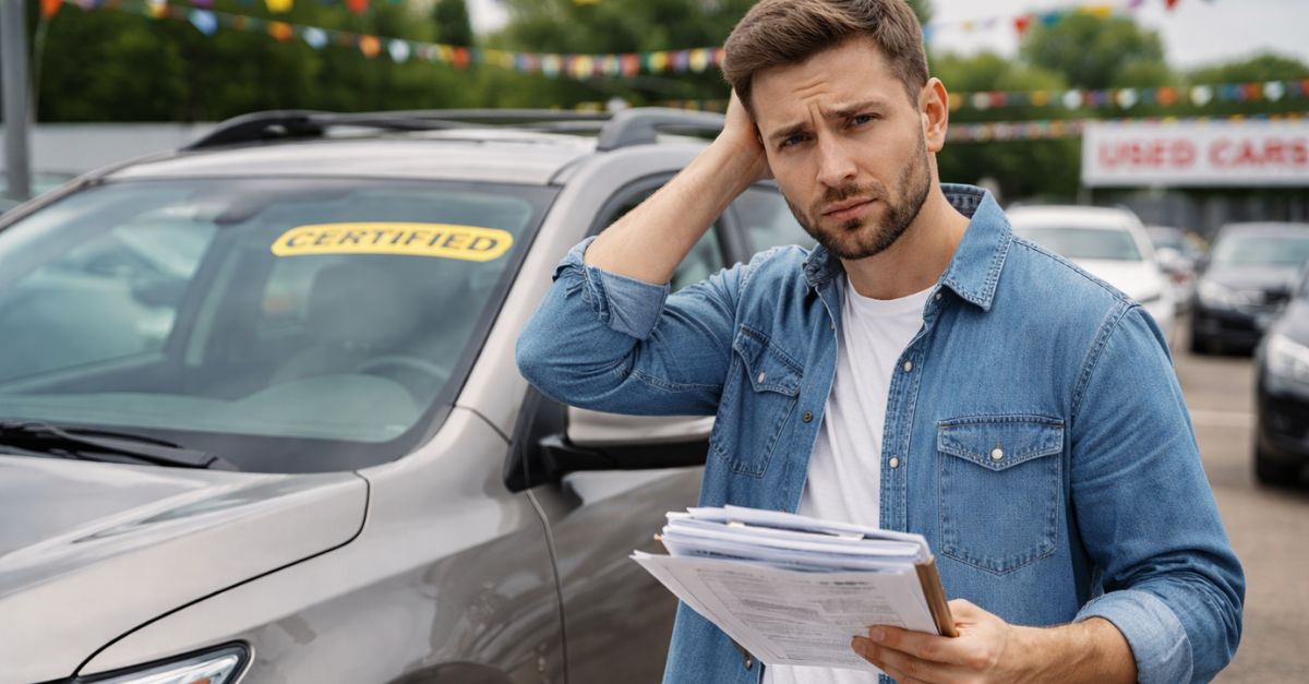 Worried buyer at used car lot