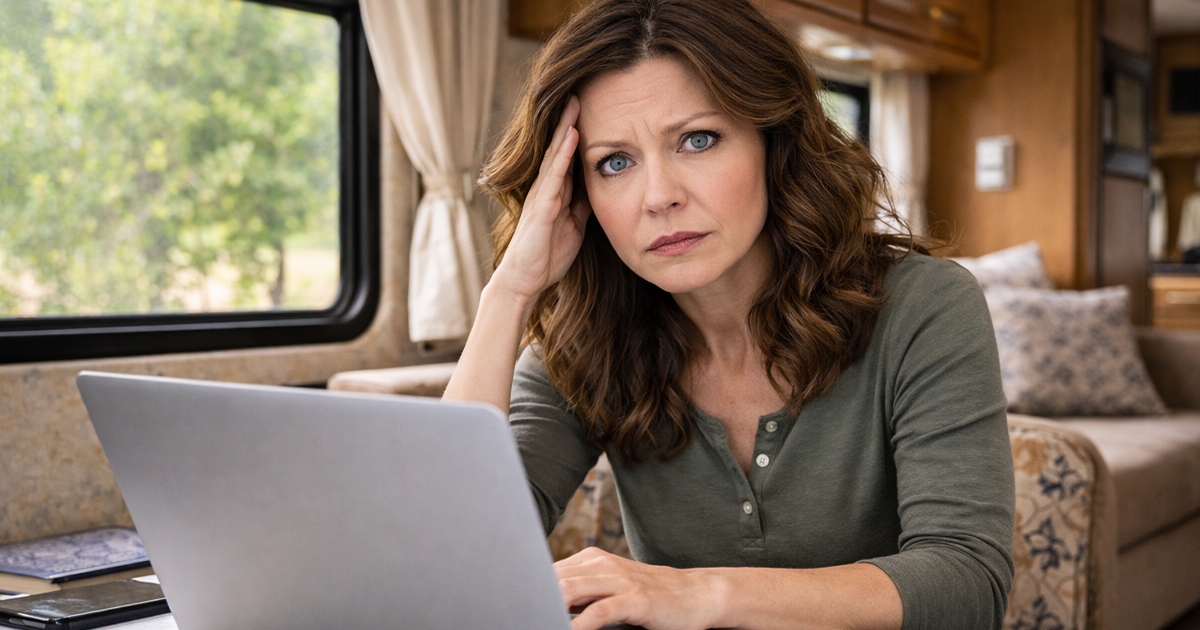 Concerned brunette woman in a green shirt working on a laptop inside an RV.