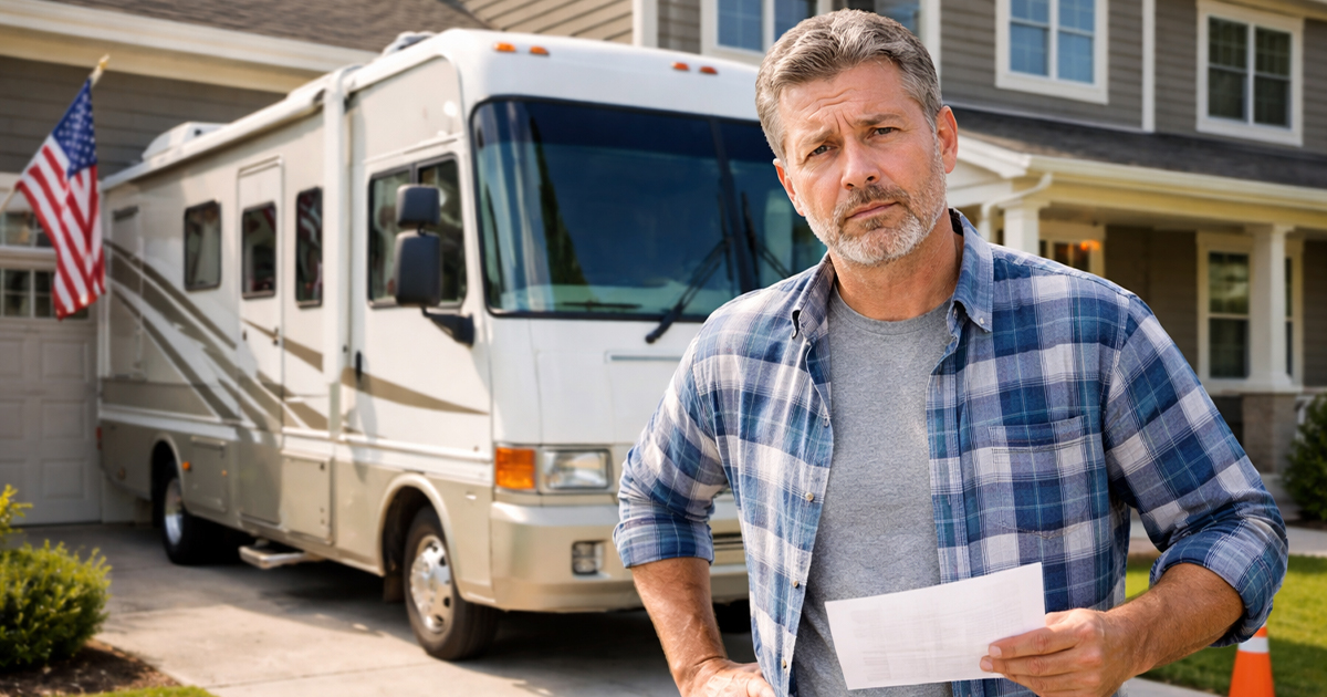 Older man in blue plaid shirt looking concerned standing in front of his home and RV.