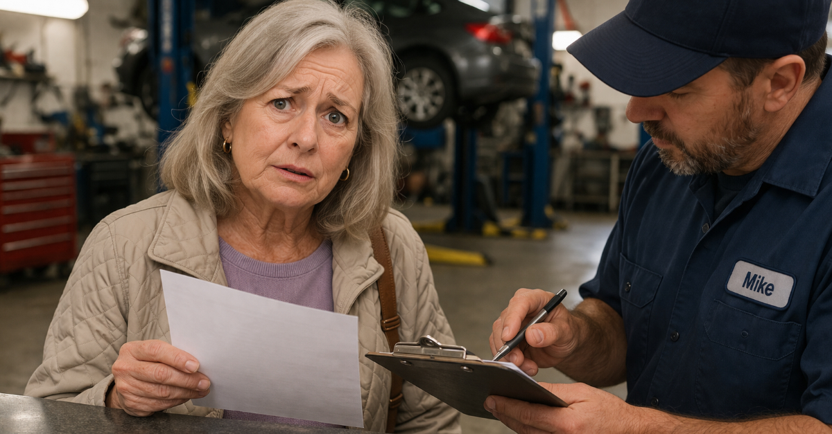 Older woman at auto repair shop