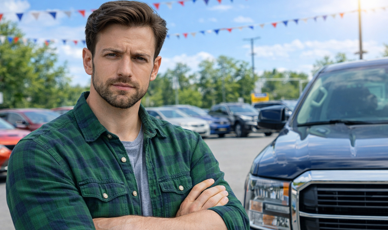 AI-generated image of a man trading in his car.