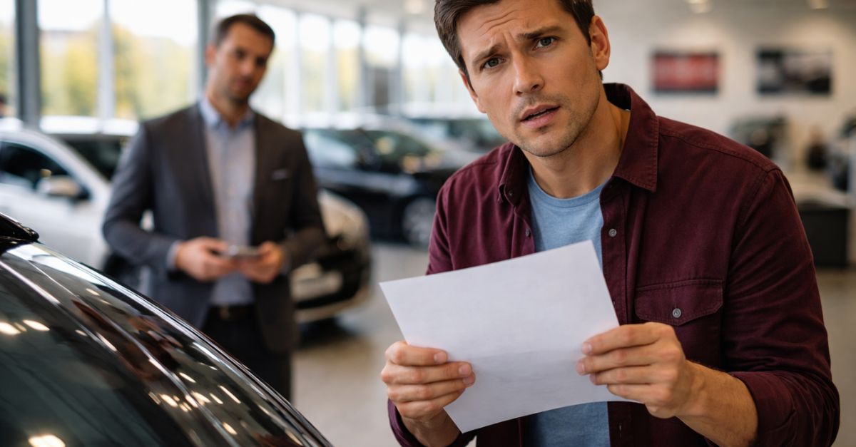 Man standing beside a new car with paperwork