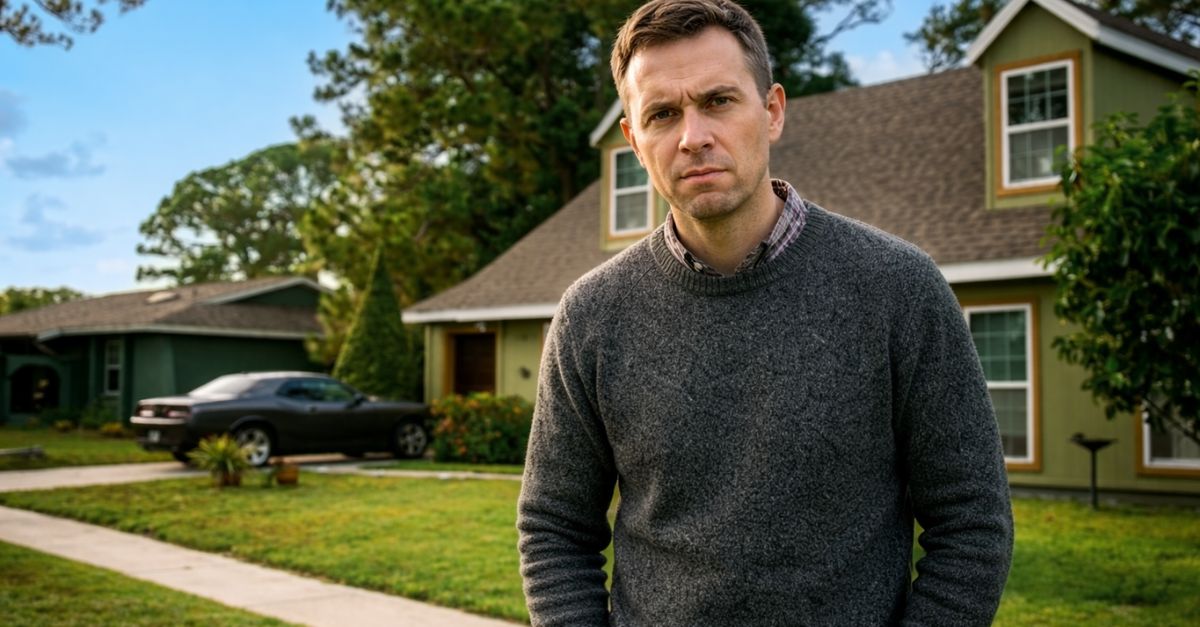Residential House and a Car Parked in the Driveway with an uneasy man in foreground