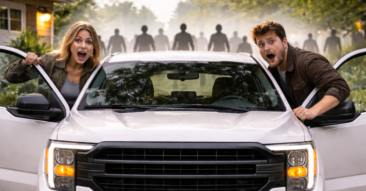 Zombie threat in suburban driveway