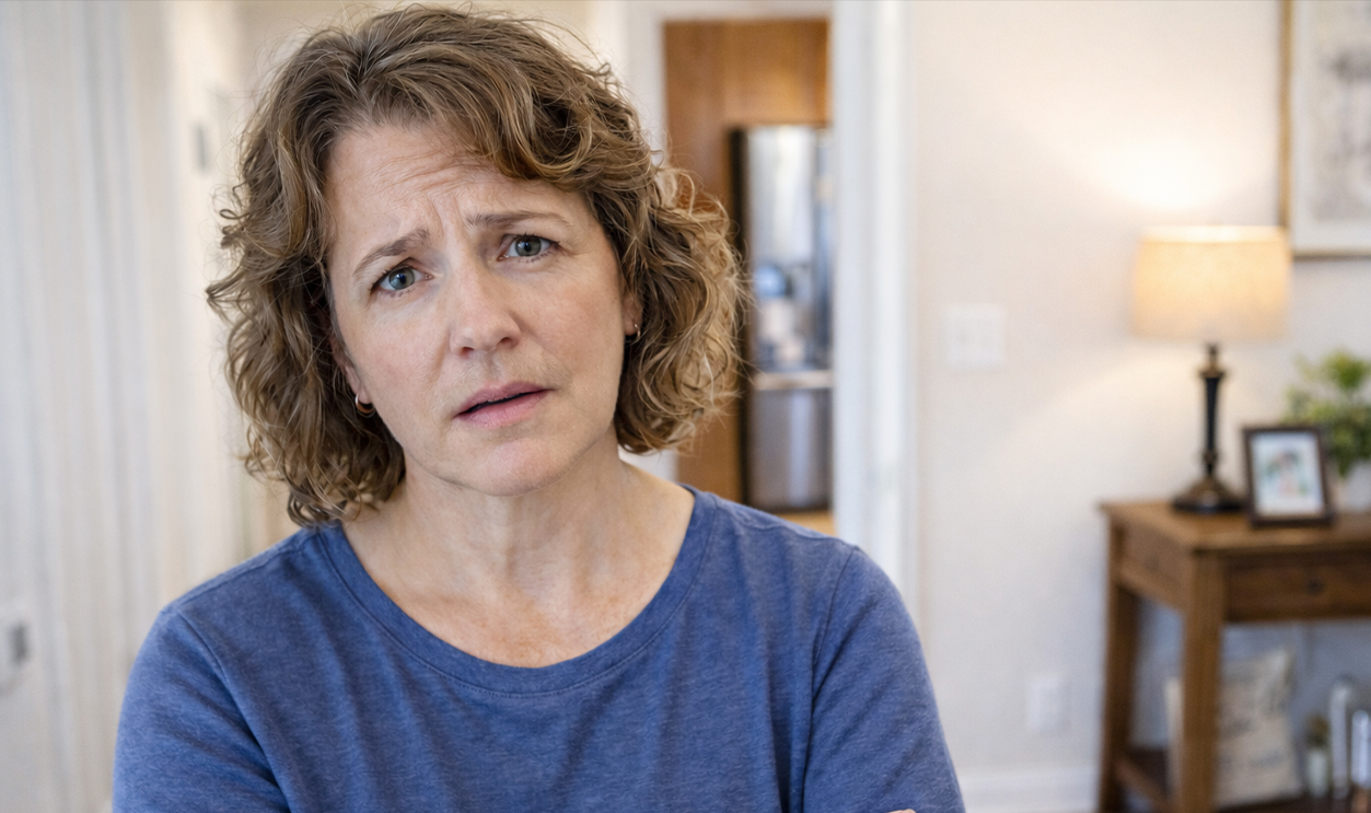 woman concerned about a car loan, standing in her home.