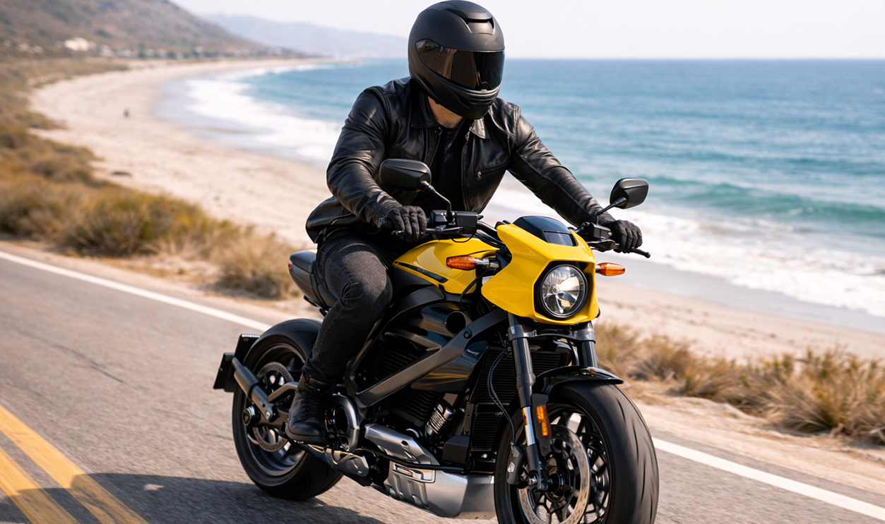 AI-generated image of a man riding a Harley-Davidson LiveWire electric motorcycle.