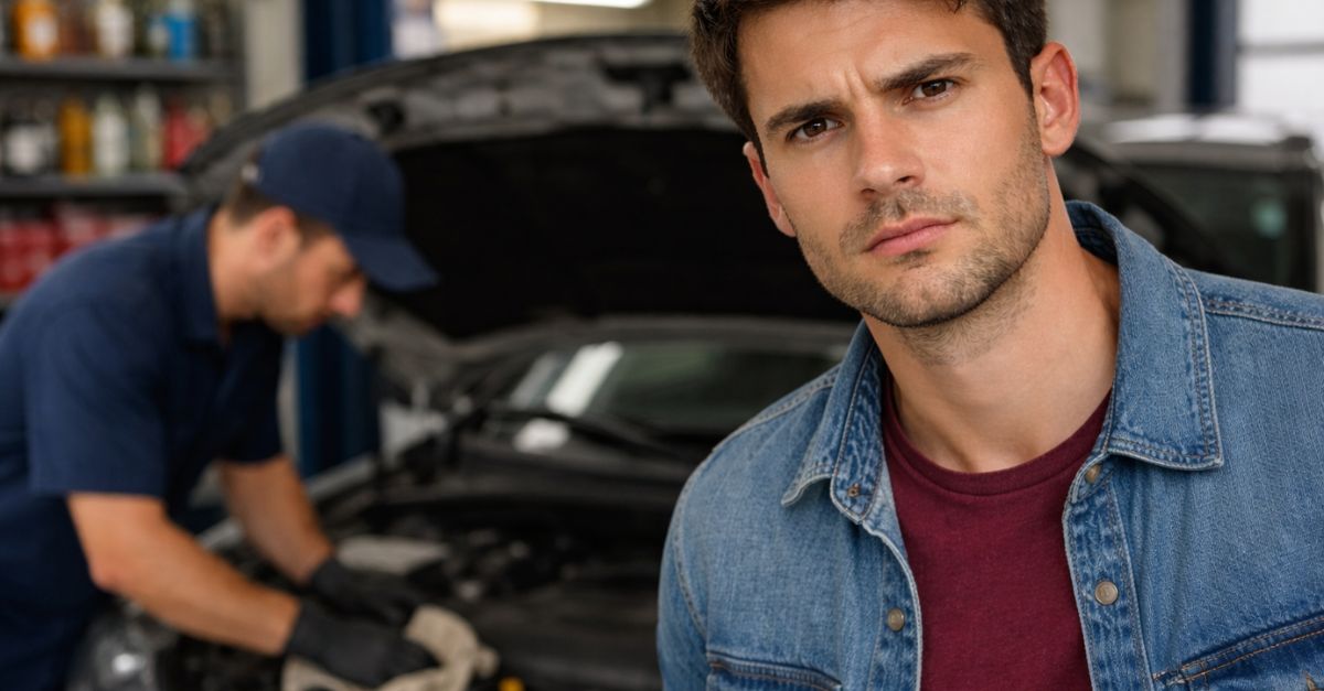 Young man looking at the camera; mechanic in the background