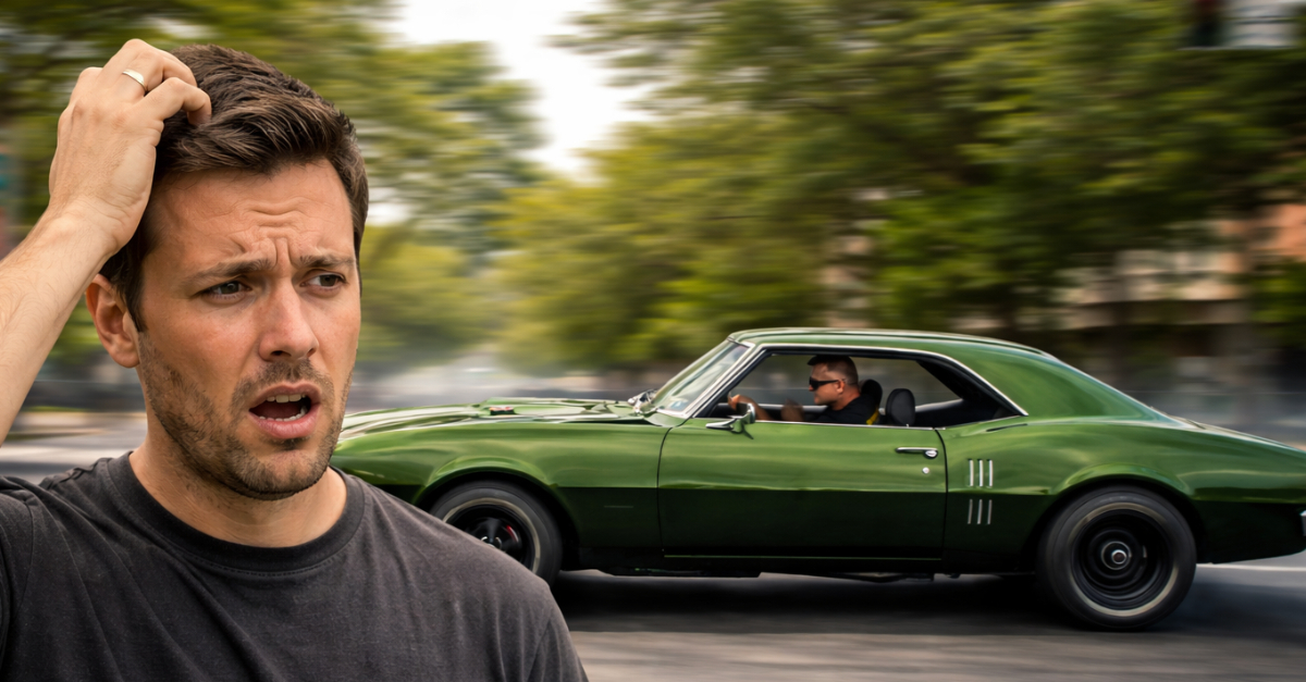 Man confused by speeding muscle car
