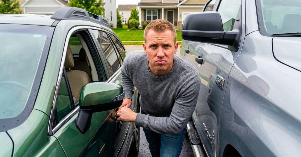 Man in tight space in between parked cars