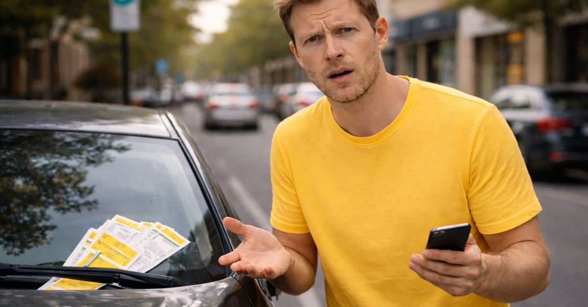 Frustrated man besides his parked car in urban street