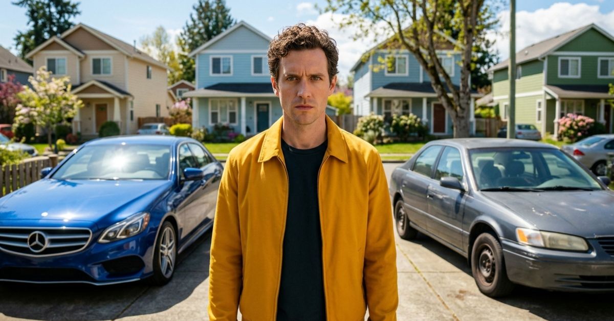 confused man with two cars in the background