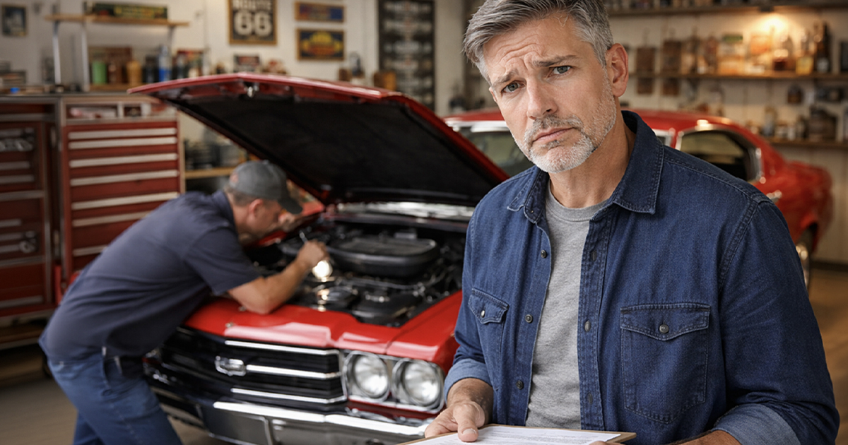 Classic car collector with mechanic in the background