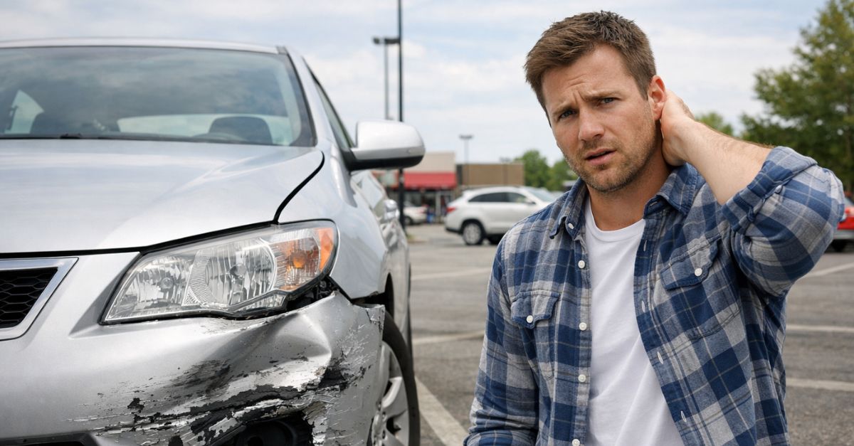 Concerned man near damaged sedan