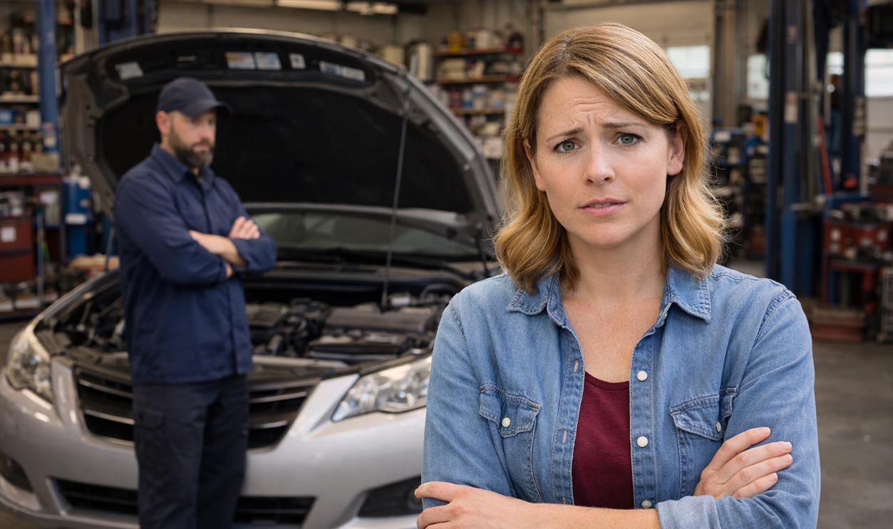 AI-generated image of a woman concerned about fake car maintenance records.