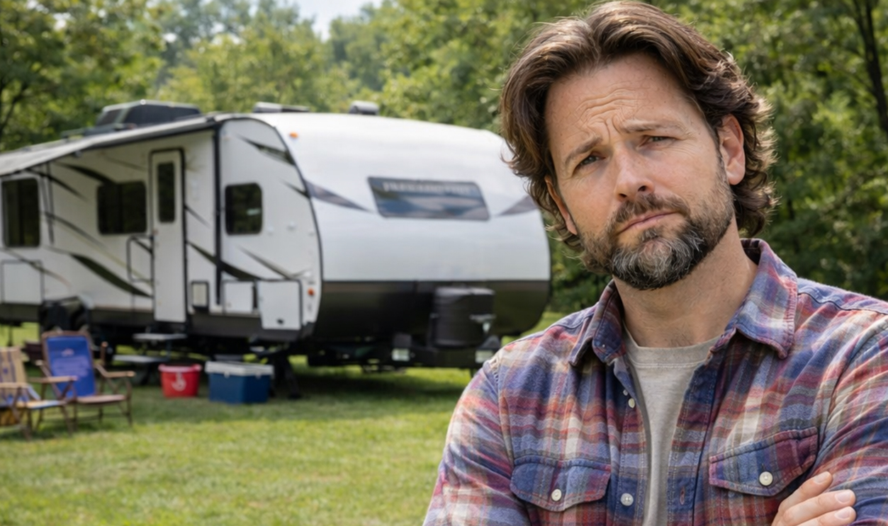 AI-generated image of a man living in his RV on a rural property.