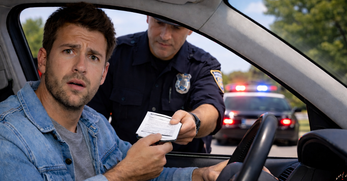Man in car getting ticket from police officer