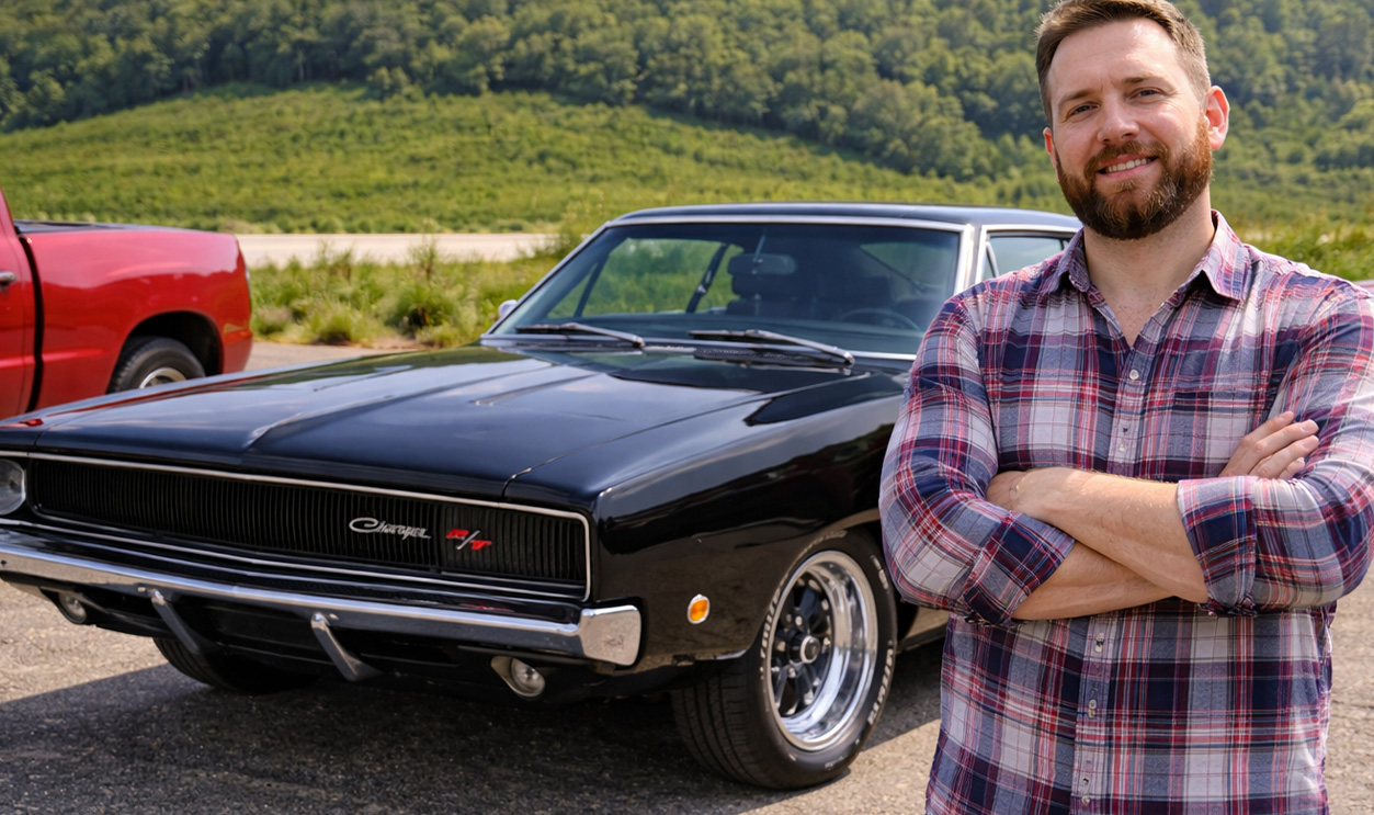 AI-generated image of a car collector standing next to a 1968 Dodge Charger