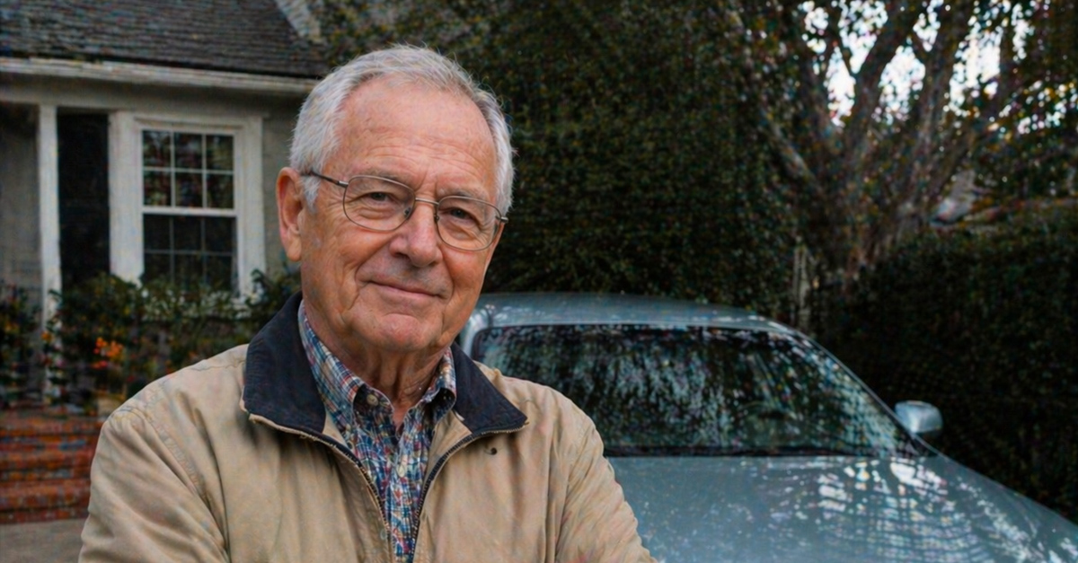 elderly man in front of his car in his driveway