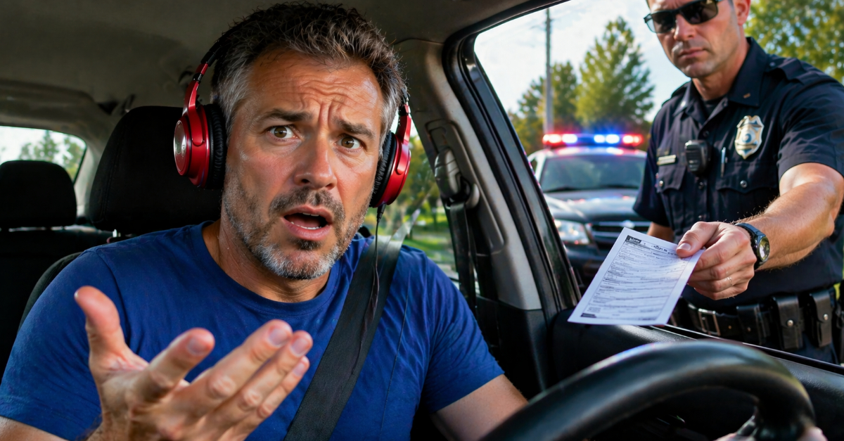 Man wearing headphones in car getting ticket