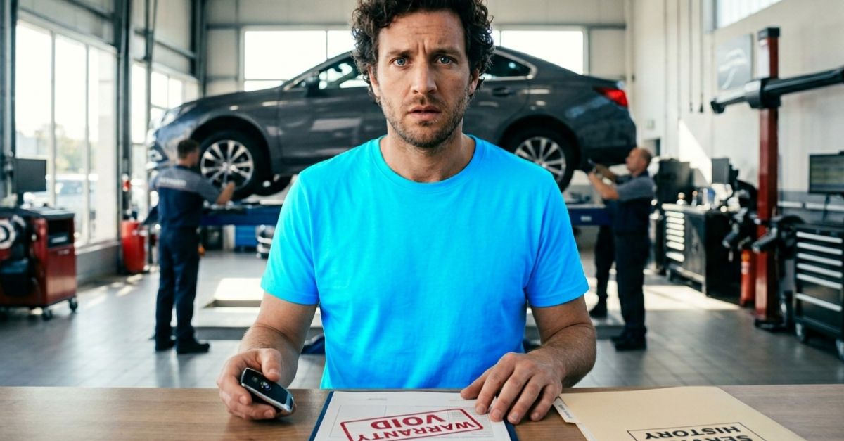Man in dealership for car repair, presented by a void warranty claim