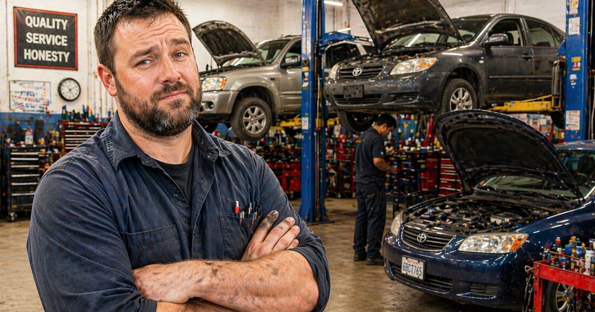 Mechanic with his arms crossed standing in front of a car garage.