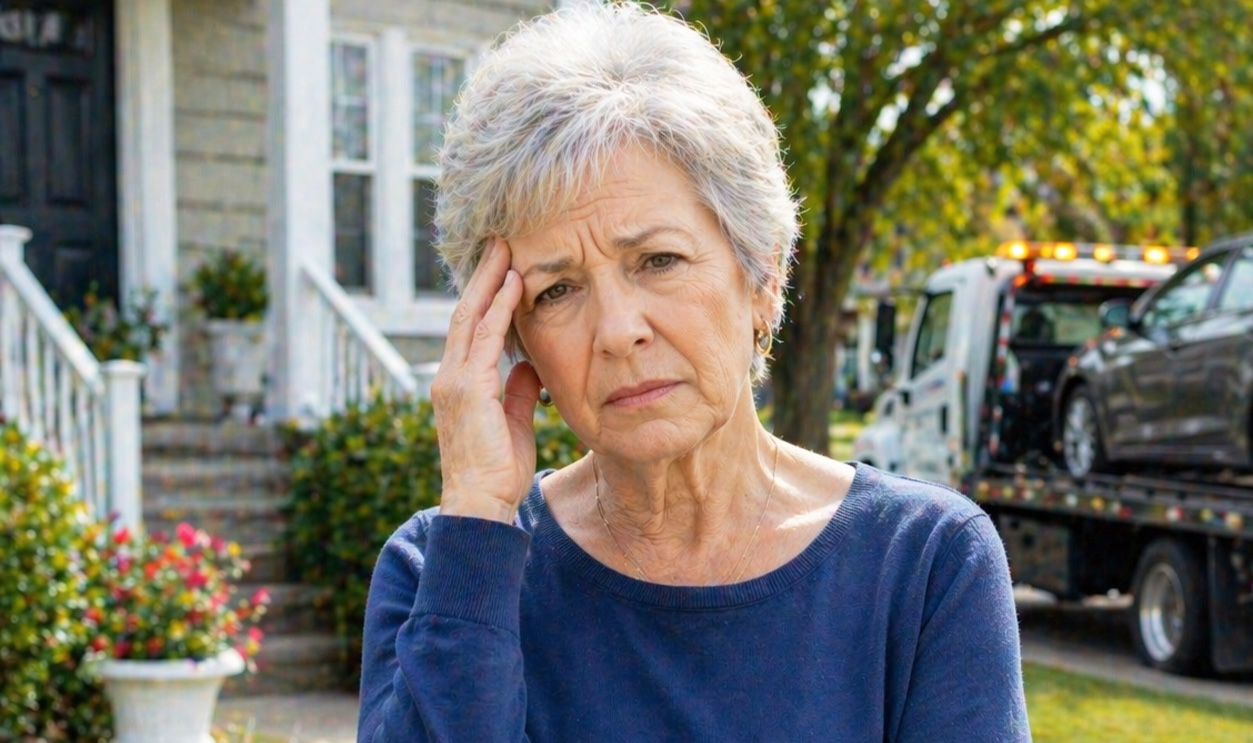 AI-generated image of an older woman concerned about the car she co-signed being repossessed.