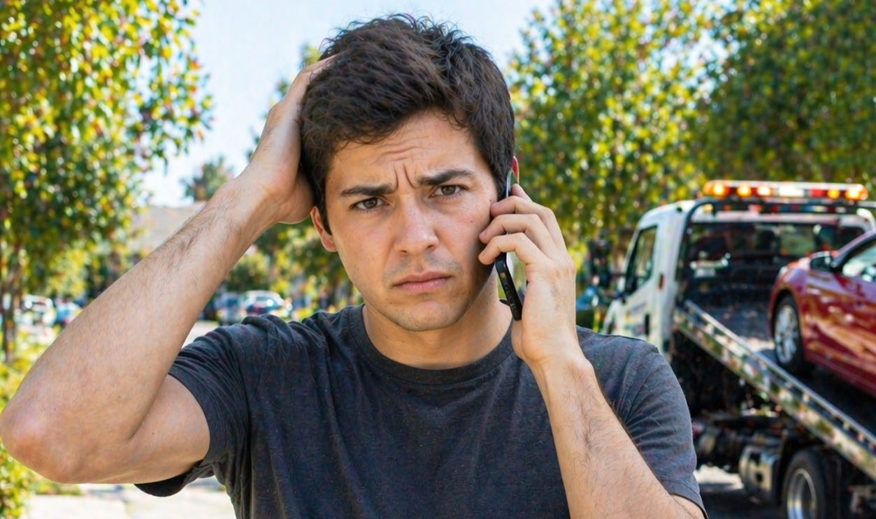 AI-generated image of a man upset about his repossessed car.