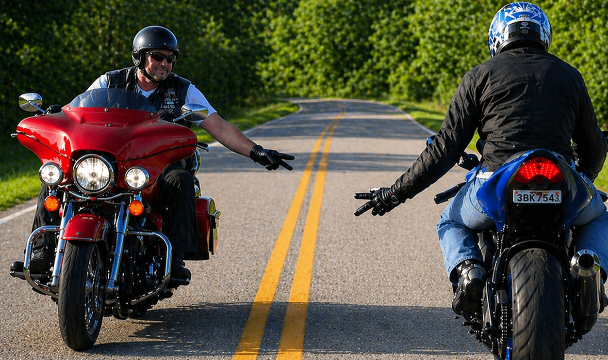 AI-generated image of two motorcyclists waving as they pass each other.