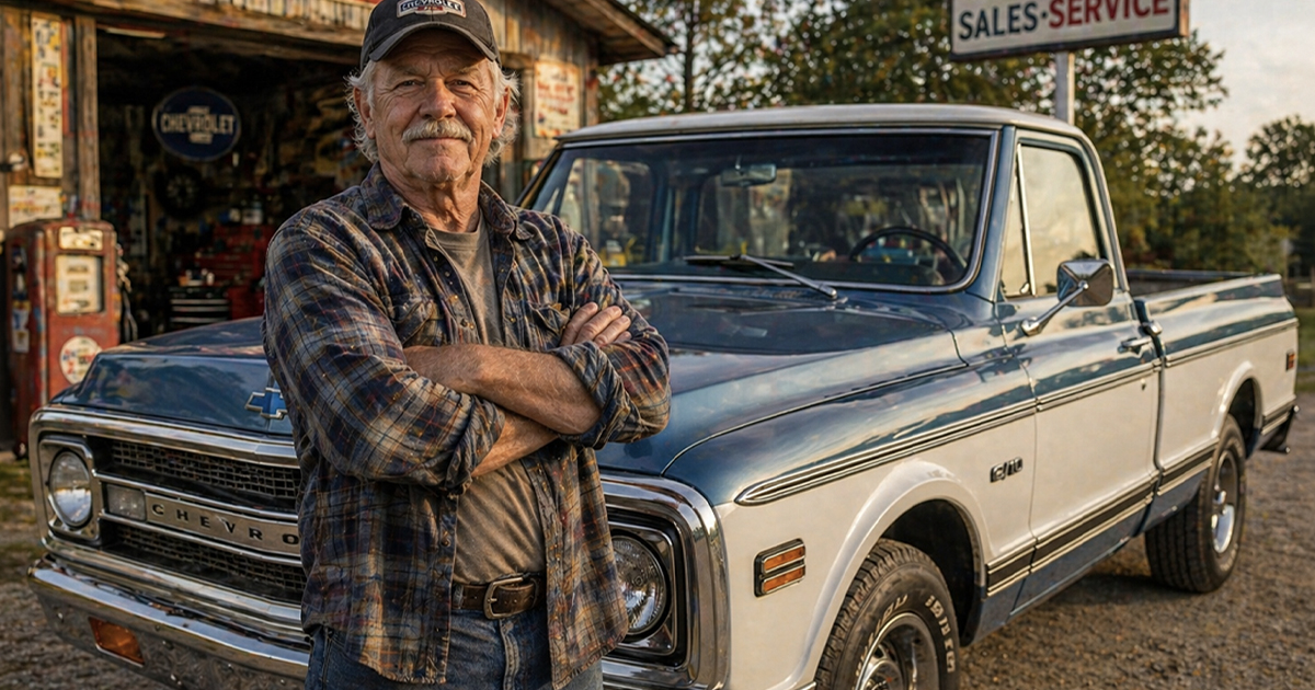 Older man standing in front of a pickup truck.