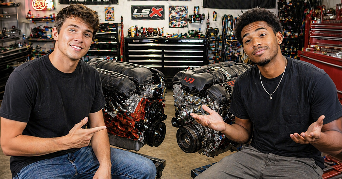Two young men comparing engines in a garage.