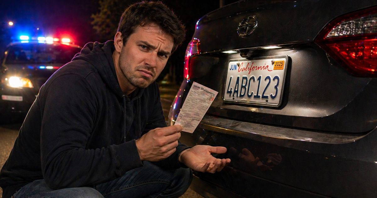 A man crouched down behind his car at night, holding a traffic ticket.