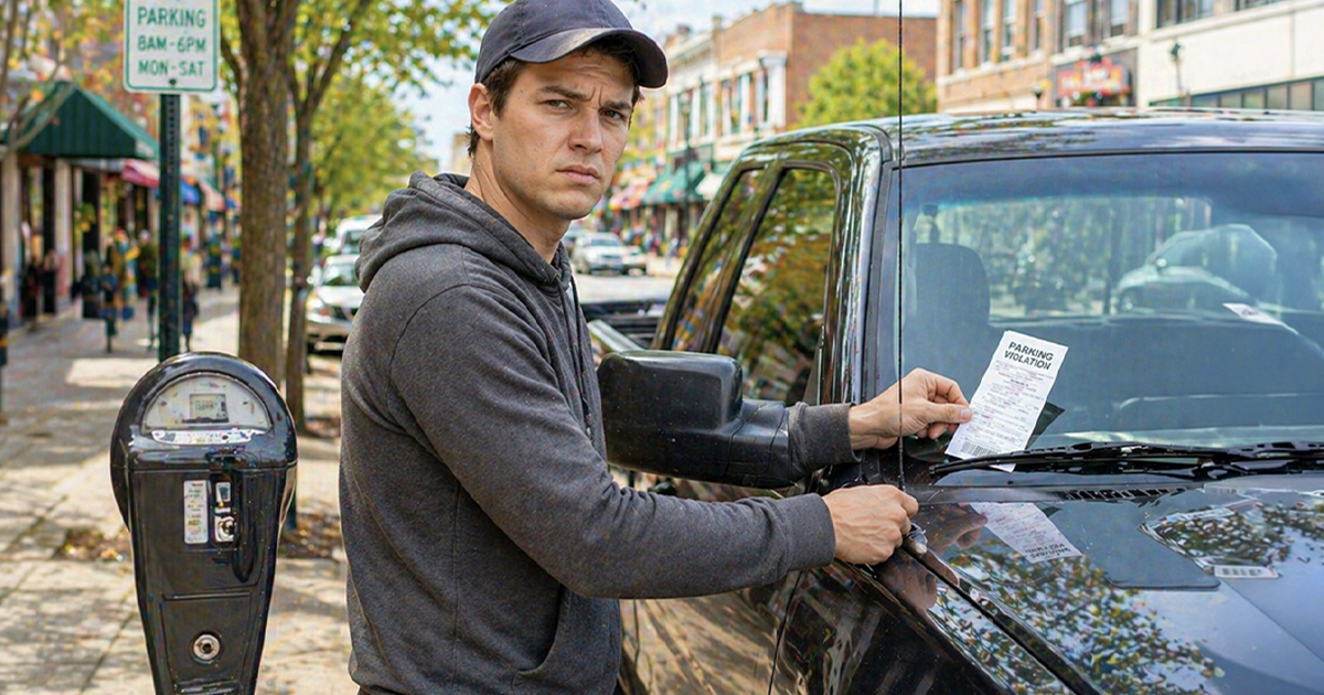 Young man in a hat taking a parking ticket off his truck.