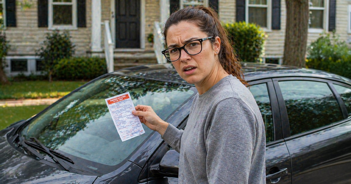 Confused woman taking parking ticket off her car windshield.