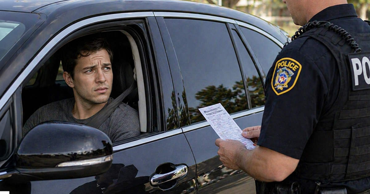 A man in a car being pulled over by police.