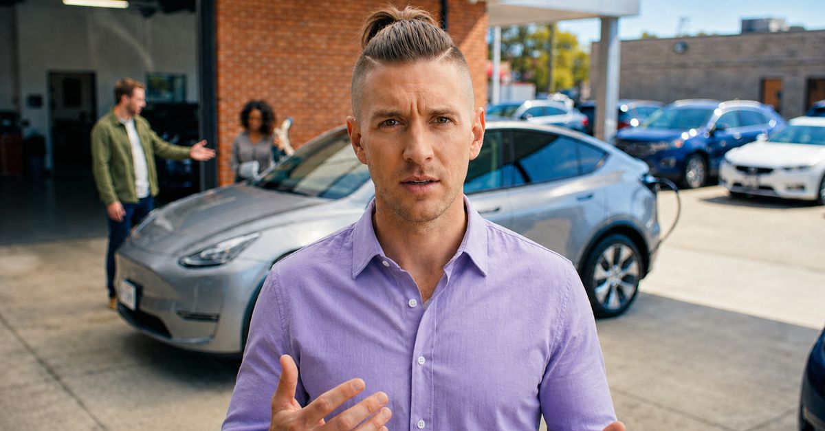 man standing in front of EV resale plot with a questioning look