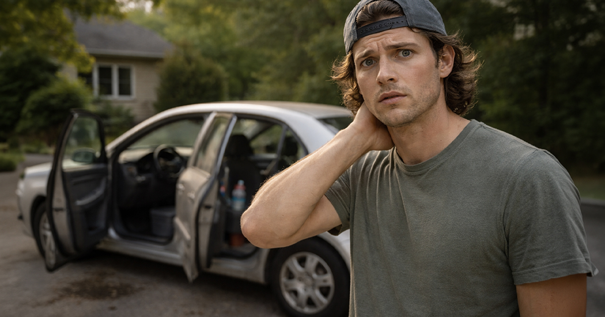 Young, worried man standing in front of a car.