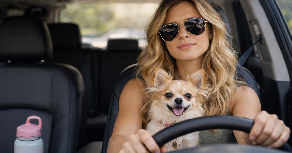 A blonde woman driving a car with a dog in her lap.