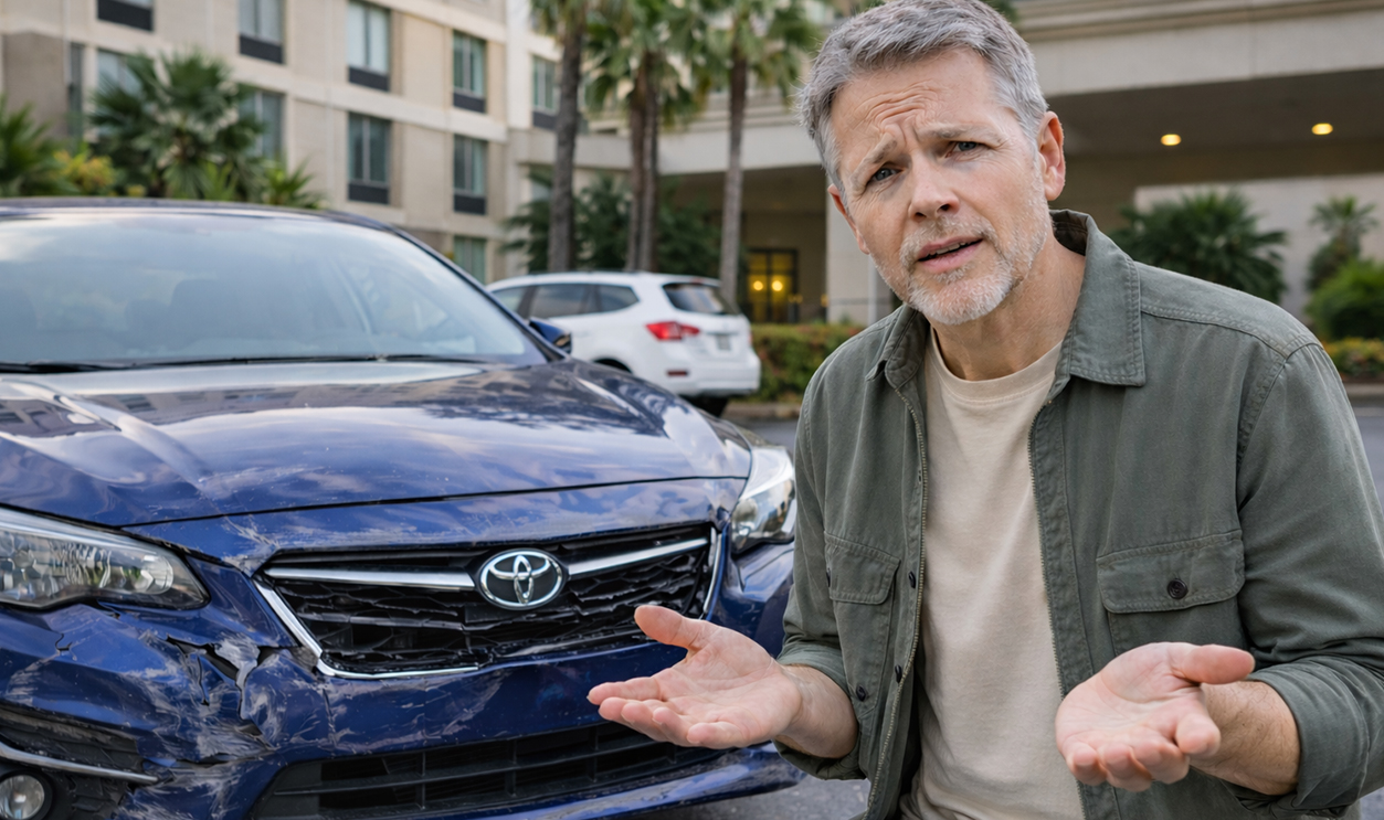 AI-generated image of a man concerned about an insurance claim for his damaged car.