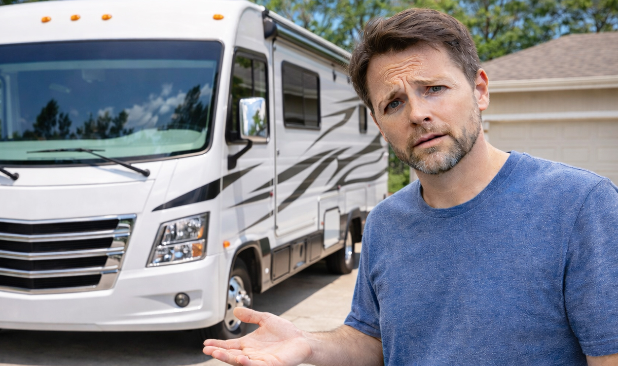 AI-generated image of an RV owner concerned about an insurance claim for water damage.