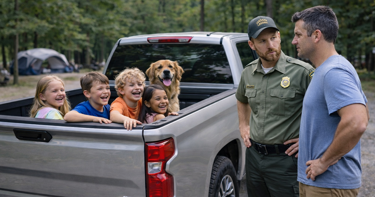 A campground warden speaking to a man who was kids in his truck bed.