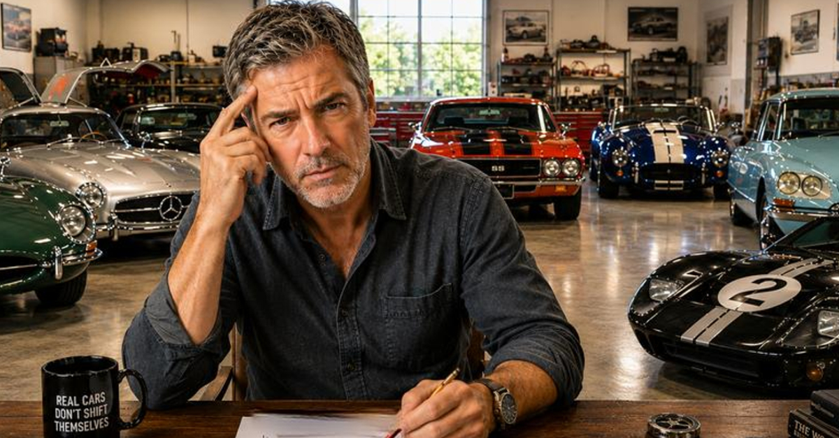 Man thinking with classic cars behind him in garage