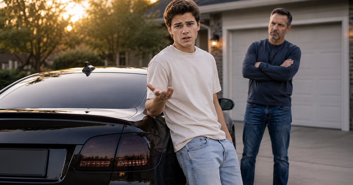 Young man and his father with a black car with tinted brake lights.