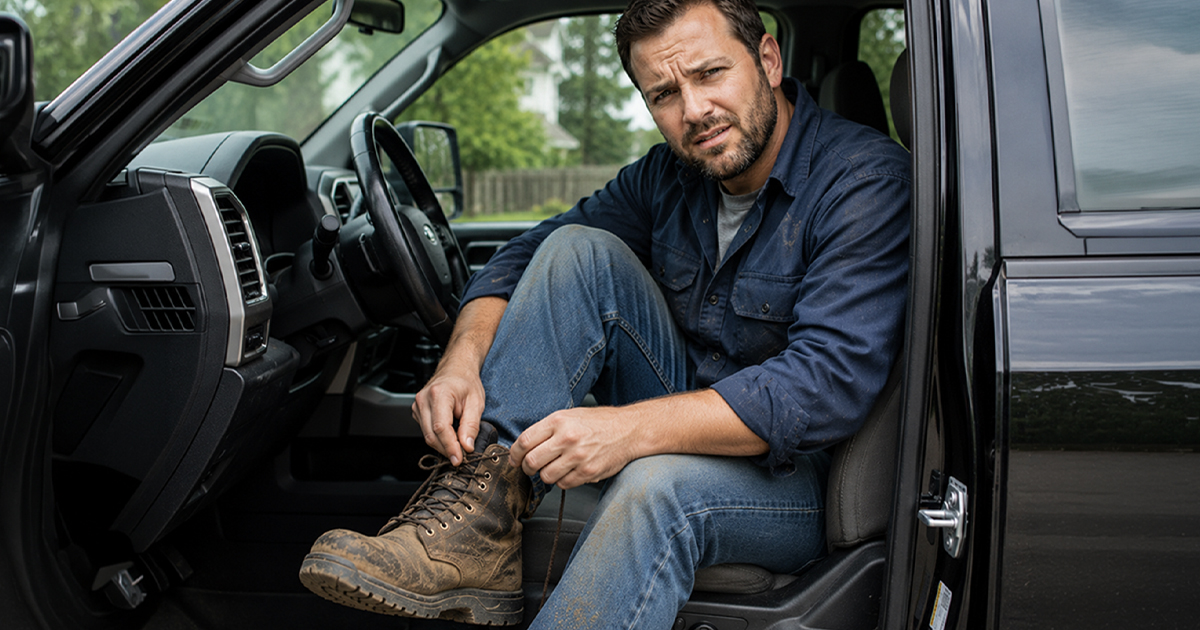 Man taking off his work boots while sitting in his truck.