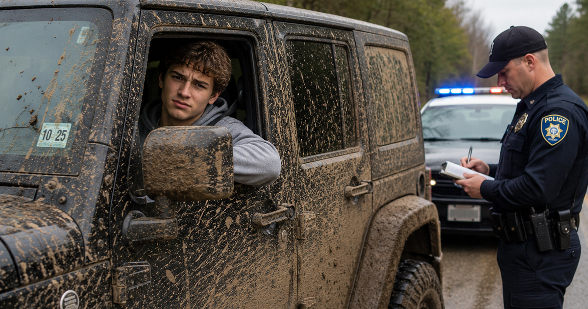 Man in a muddy jeep being pulled over by police.